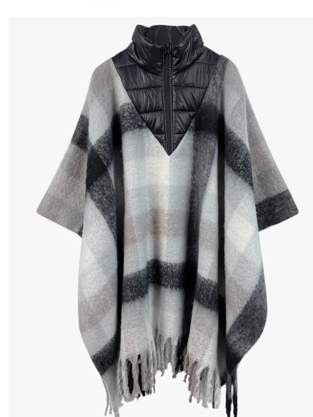 Plaid Gray Fringe Poncho with Quilted Black Collar